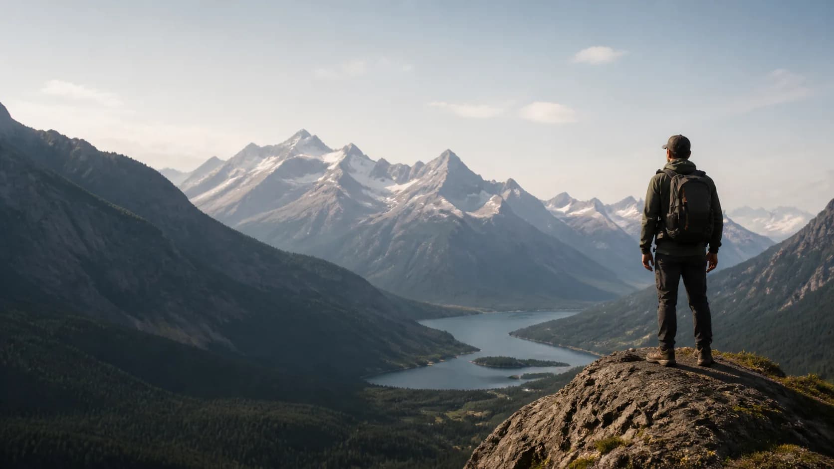 A solitary field learner looks across a broad alpine valley and winding lake