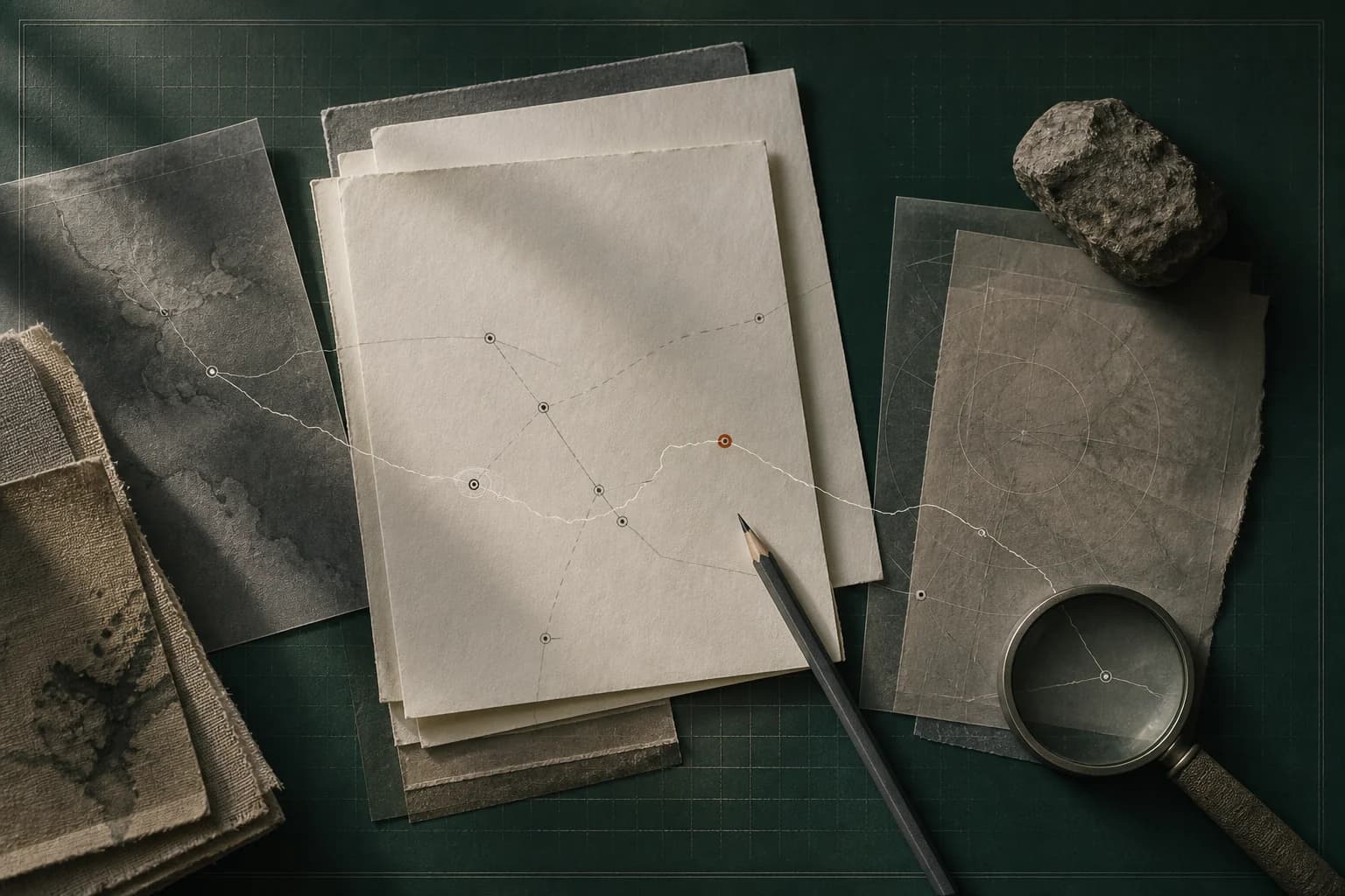 Layered blank field notes, archival overlays, route lines, a pencil, stone and magnifying lens on a deep green research table